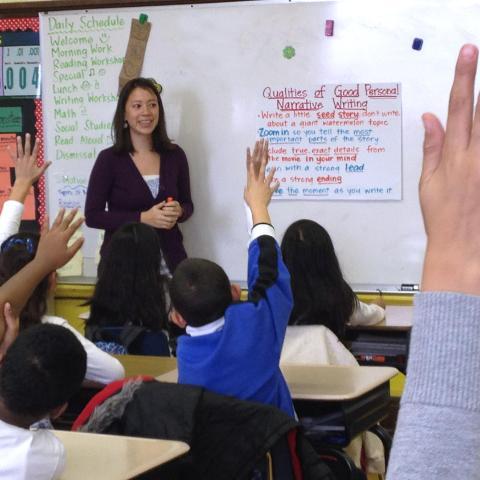 elementary teacher with lots of raised hands