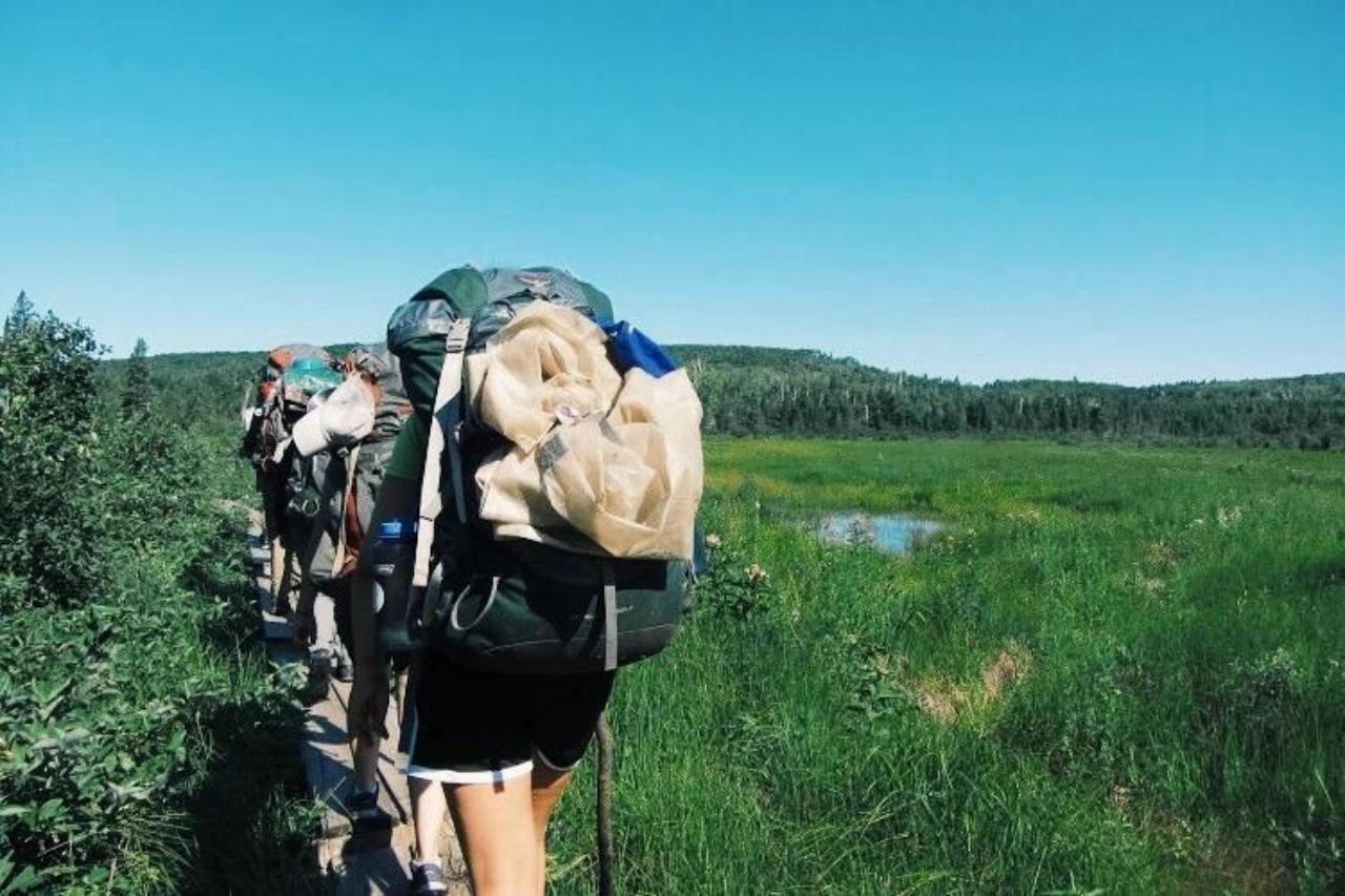 hikers walk through a bog on a HoneyRock wilderness trip