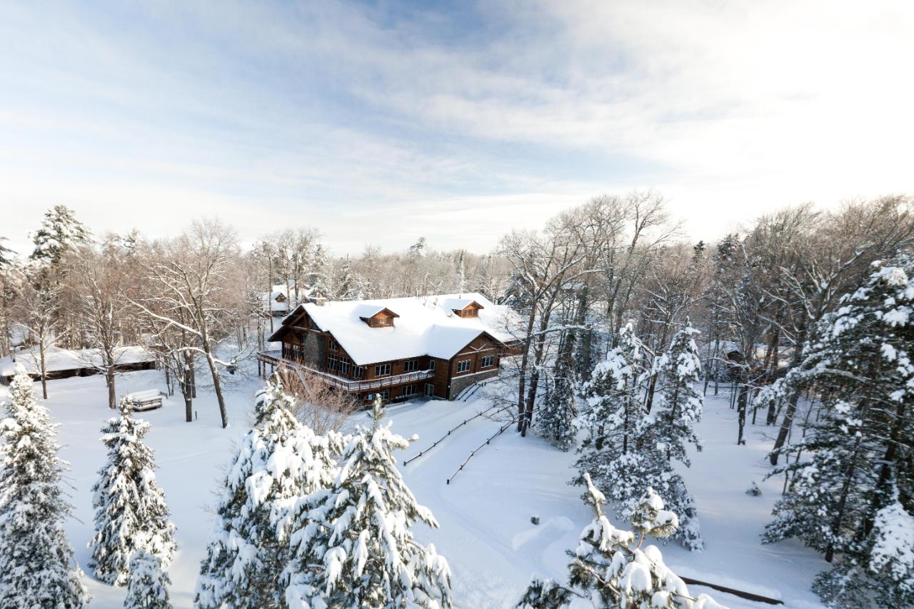 an overhead view of the Chrouser Center at HoneyRock covered in snow