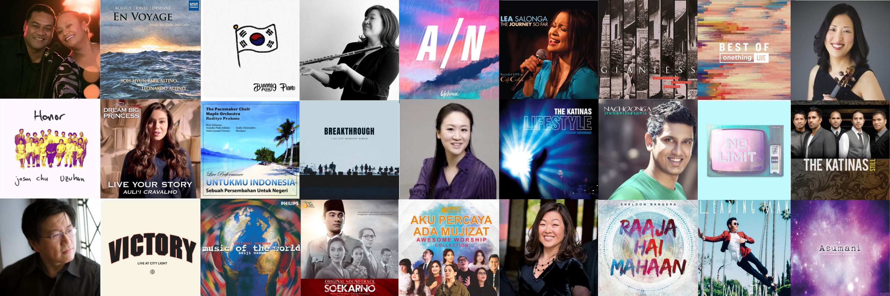 photos of Wheaton's Asian and Pacific Islander faculty and staff members and album covers