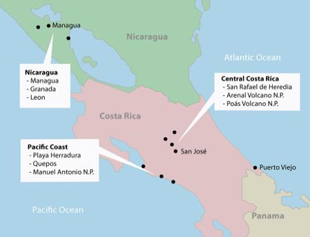 Map of Costa Rica and Nicaragua for the Wheaton in Costa Rica program